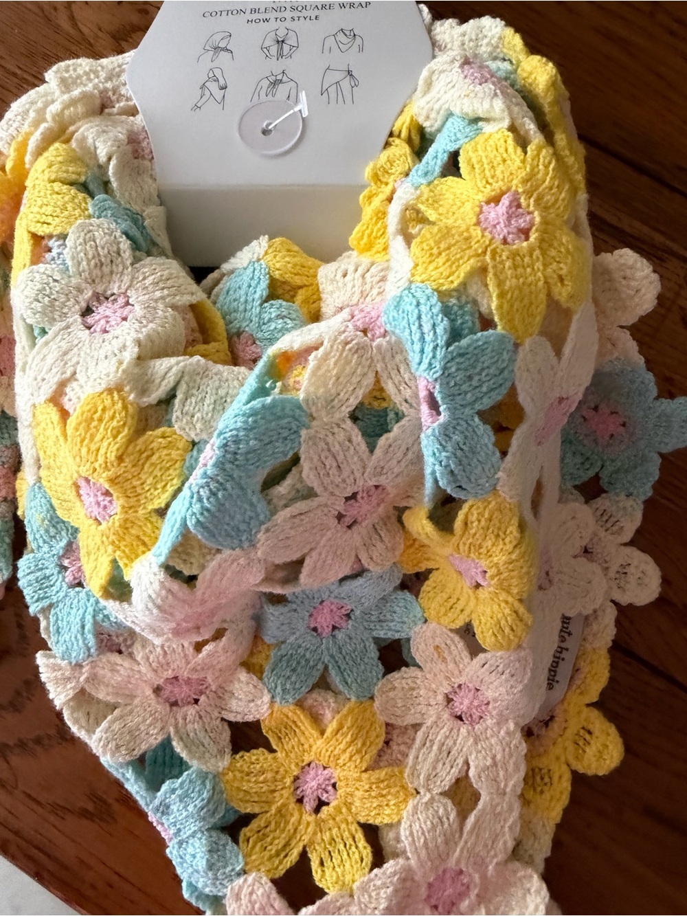 Haute Hippie Pastel Yellow, Blue, Pink & Cream Crocheted Square Wrap